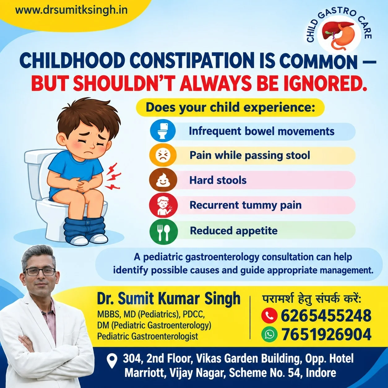 Childhood Constipation Treatment in Indore: A Parent’s Guide to More Comfortable Bowel Movements